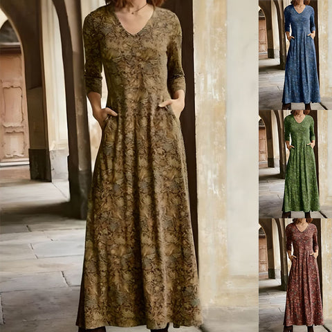 Cotton printed V-neck pocket long sleeve dress m300706