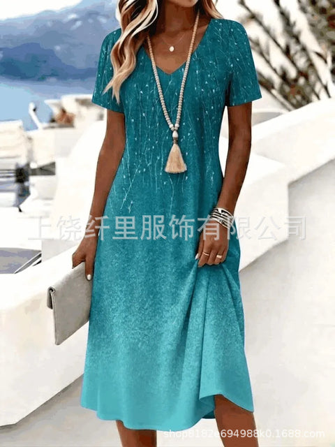 Printed women's v-neck short-sleeved temperament fashion dress m303046