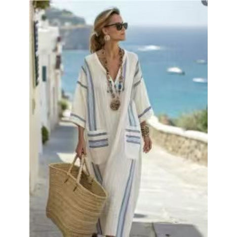 Holiday long striped embroidered dress m302762