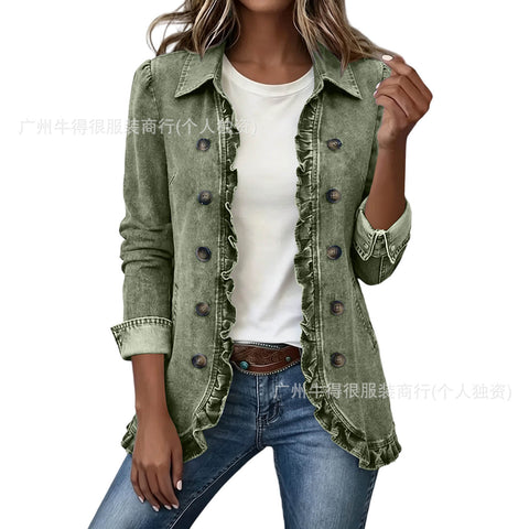 Jacket Edge Button Cardigan Women's Lapel Button Loose Casual Denim Jacket FF303254