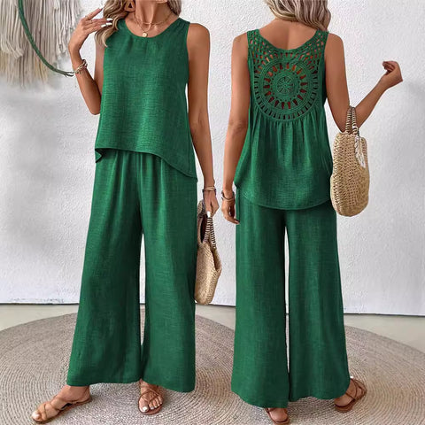 Frühling und Sommer einfarbig hohle Spitze zweiteilige Mode lässig Weste breite Beinhosen Hose m301367 