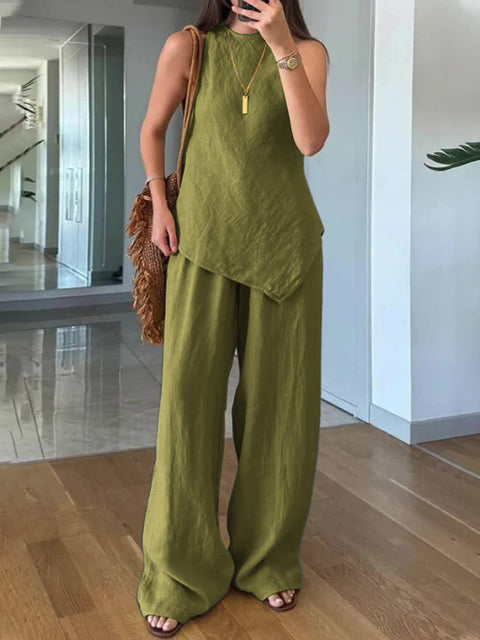Lässiger Rundhalspullover ärmellos plus Taschenhose Baumwolle mehrfarbig m301437 