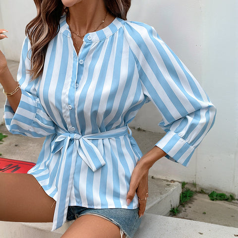 Chemise polyvalente à rayures, col en V, manches sept-quarts, mode printemps-été m300836 