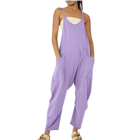 Einfarbiger Jumpsuit mit Reißverschlusstasche und Hosenträgern, dicke Hüfthose, m301068 