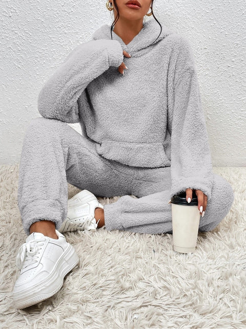 Hooded long-sleeved sticker bag casual trousers home two-piece set m300437