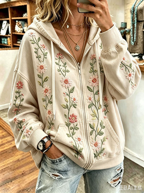 Sequin floral elements 3D digital printing loose casual hooded sweater m303215