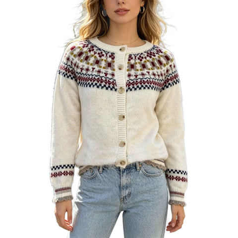Fair Island jacquard knitted cardigan women's autumn and winter new crew neck retro sweater jacket loose versatile top FF303502