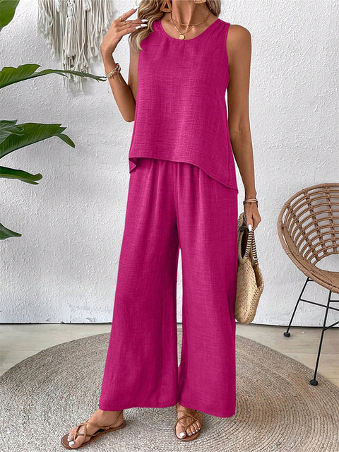 Frühling und Sommer einfarbig hohle Spitze zweiteilige Mode lässig Weste breite Beinhosen Hose m301367 