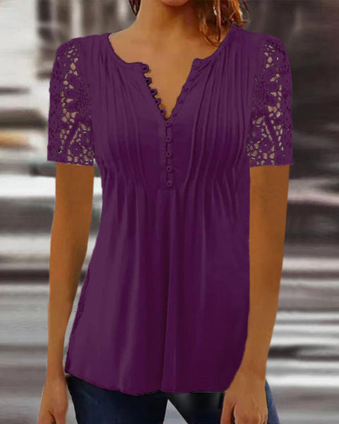 Lace Sleeve Pleated Solid Color Button T-Shirt Bottom Shirt m301333