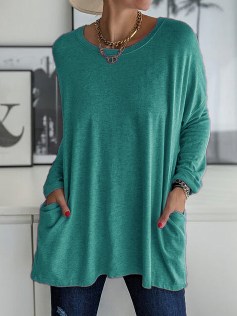 Rundhalsausschnitt Langarm lose Tasche einfarbig T-Shirt lässig Damenbekleidung m301315 
