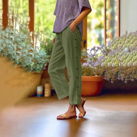 New cotton and linen breathable nine-point pants side seam decorative buckle side pocket high waist loose casual pants m301938