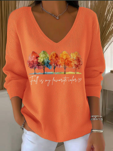 Shoulder V-neck long-sleeved autumn leaf 3D digital printing women's top FF303401