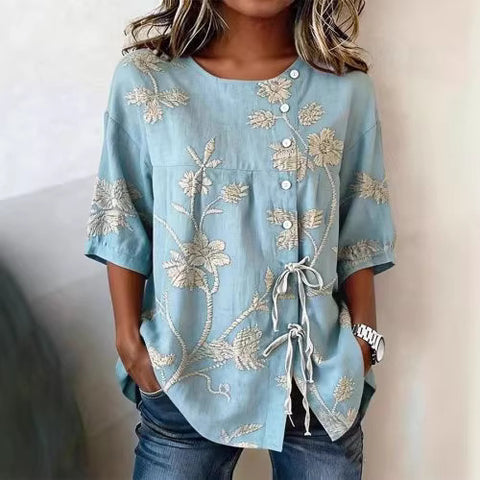 Ladies casual digital print lace-up shirt m302711