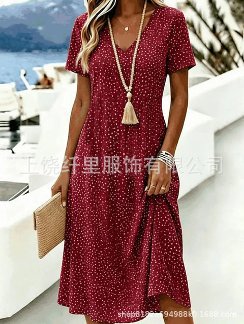 Printed women's v-neck short-sleeved temperament fashion dress m303046