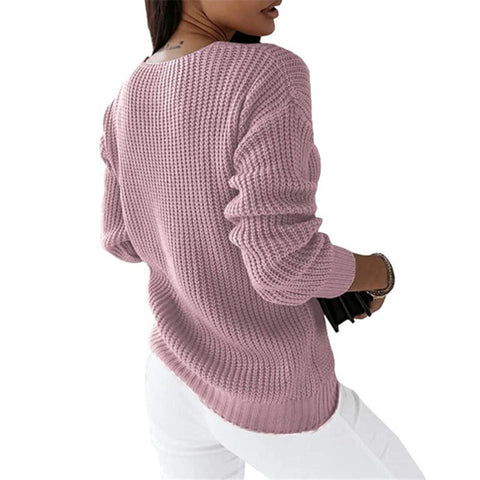 Pullover Damen Langarm V-Ausschnitt Einfarbig Twist Lässiger Strickpullover M300487 