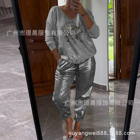 Women's Long Sleeve Printed Top Pants Set of Two M302301