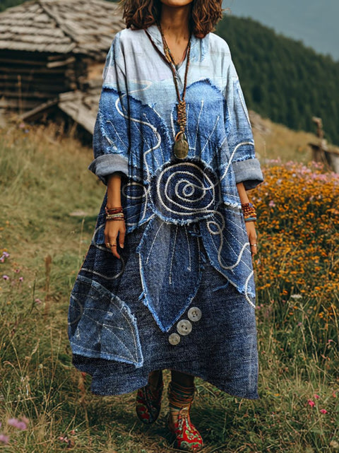 Bohemian ethnic style retro new printing fashion literary loose V-neck FF303433 02