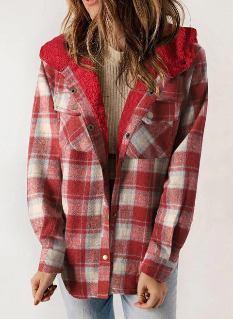 Women's plaid jacket long-sleeved hairy hooded jacket jacket with pockets m302153