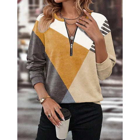 Herbst und Winter farblich passender, lockerer Pullover mit Reißverschluss und langen Ärmeln und V-Ausschnitt m300608 