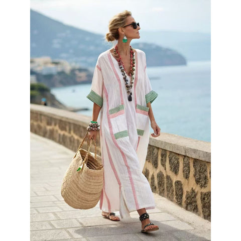 Holiday long striped embroidered dress m302762