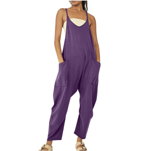 Einfarbiger Jumpsuit mit Reißverschlusstasche und Hosenträgern, dicke Hüfthose, m301068 