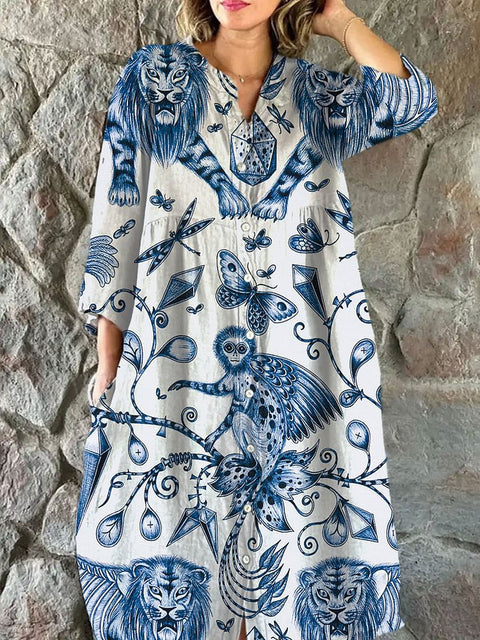 Women's Loose Crew Neck Fashion Premium Long Sleeve Printed Shirt Dress m301050