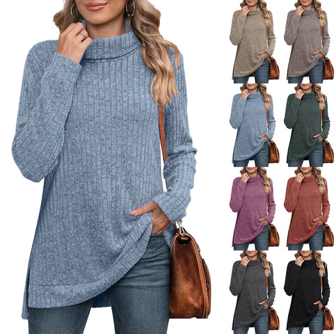 Autumn and winter new high-necked split-ended long-sleeved loose casual T-shirt top m302063