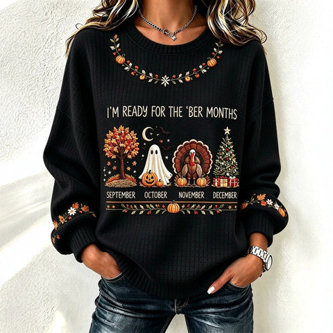 Halloween Waffle Print Crew Neck Long Sleeve Casual Pullover Sweater FF303495