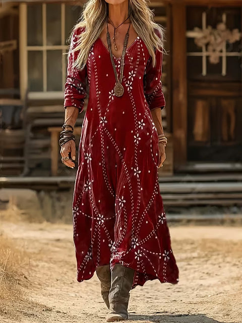 Creative tie-dye 3D printing women's new V-neck long-sleeved dress medium and long dress m302799