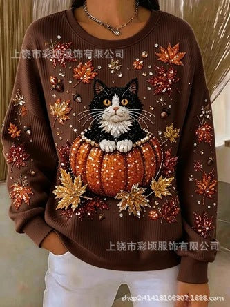 Women's autumn drop shoulder crew neck sweatshirt 3D digital print crew neck FF303475