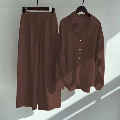 Cotton and linen shirt set high waist loose trousers m301983