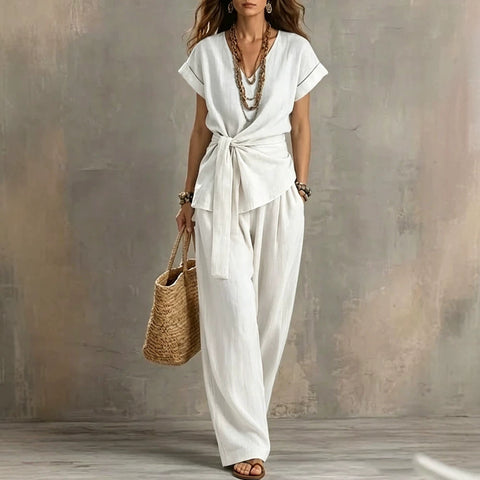 Casual V-neck pullover short-sleeved trousers washed cotton set m303163