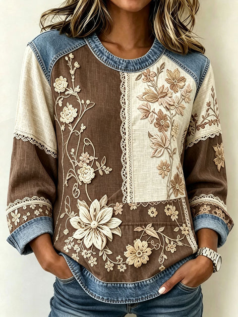 Floral Element Crew Neck Shoulder Splicing Denim Sweater FF303272