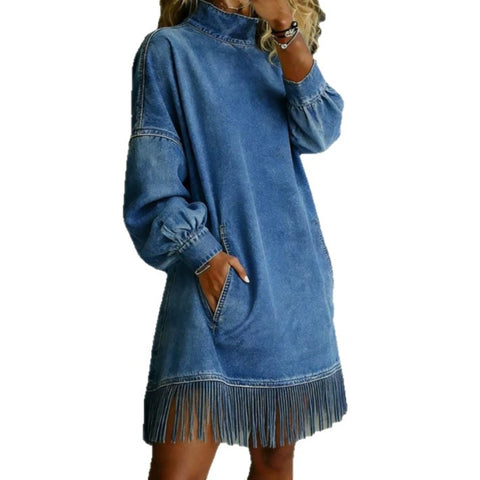 Loose long-sleeved denim dress fringed FF303450