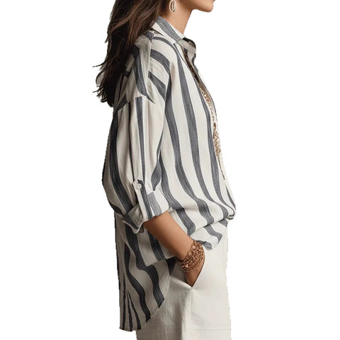 Spring, summer and autumn new women's clothing striped lapel collar loose fashion pullover blouse m302404