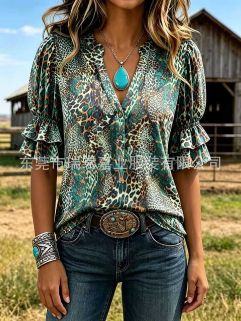 V-neck three-button top digital print horn-sleeved shirt FF303333