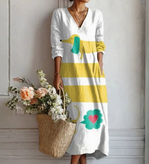 Women's loose V-neck fashion high-end long-sleeved printed collar dress m302766