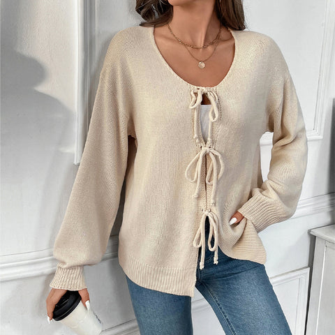 Lässiger, lockerer und vielseitiger Strickpullover mit Schnürung, einfarbiger Pullover m300793 