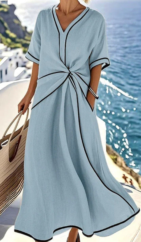 Crew neck sleeveless contrasting color loose and thin cross dress m302458