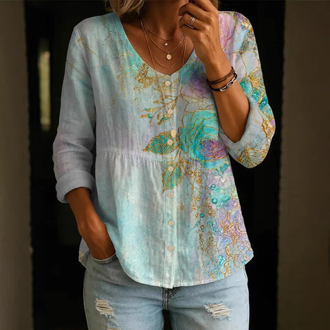 Crew Neck Women's Floral 3D Printed Henley Shirt FF303180