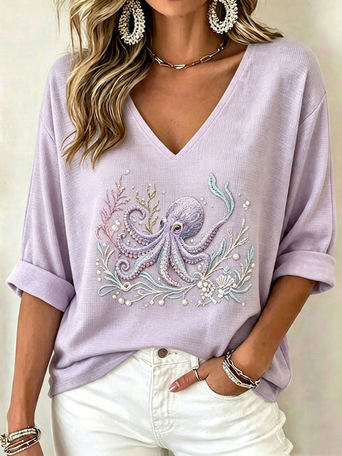 Shoulder V-neck long-sleeved pullover print women's T-shirt m303200