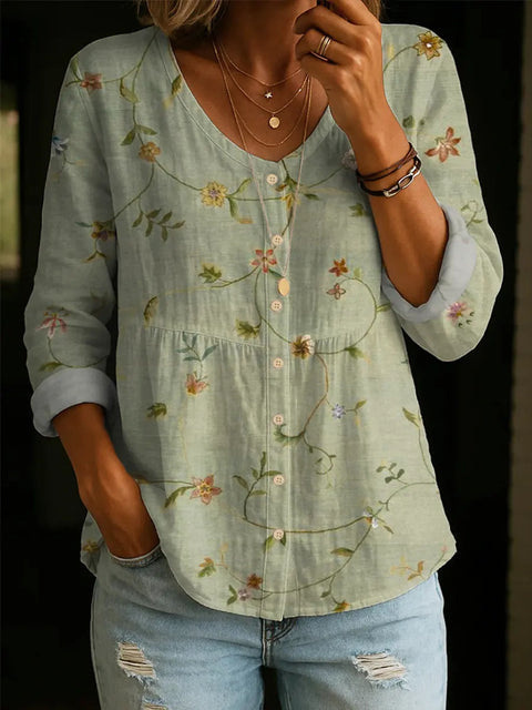 Crew Neck Women's Floral 3D Printed Women's Henley Shirt m302611
