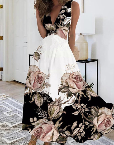 Damen neues V-Ausschnitt mit Futter hohe Taille ärmellos bedruckt sexy Westenkleid m301267 
