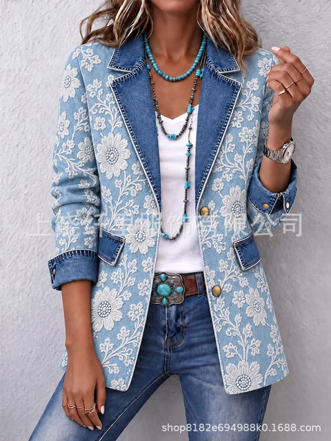 3D printed women's cardigan imitation denim blazer FF303337