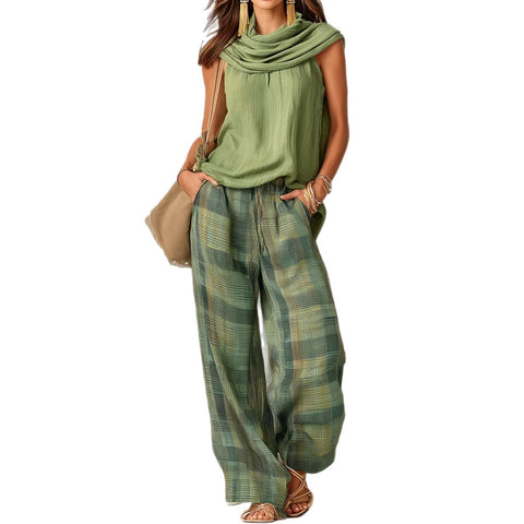 Retro casual fashion sleeveless top and plaid pants set m303064