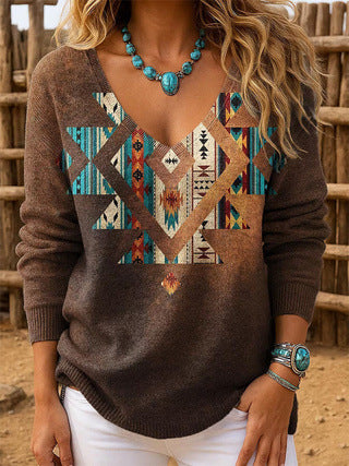 Shoulder V-neck Long Sleeve Pullover 3D Digital Printing Women's Top T-Shirt FF303430 02