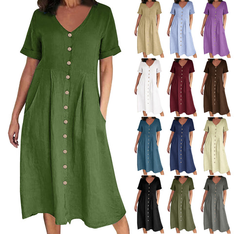 Neues einfarbiges, lockeres Kleid aus Baumwolle und Leinen mit hoher Taille m301192 