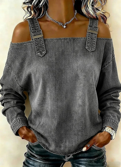 One-word tie shoulder strap long-sleeved top m303209