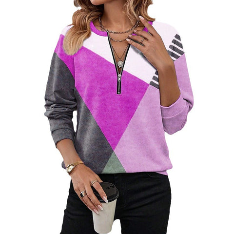 Herbst und Winter farblich passender, lockerer Pullover mit Reißverschluss und langen Ärmeln und V-Ausschnitt m300608 