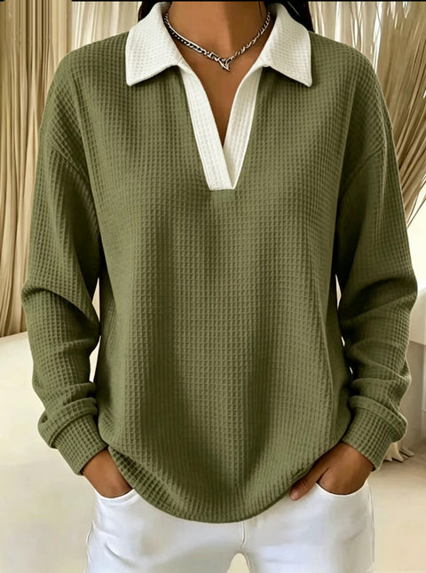 Waffle Contrast Long Sleeve Polo Top Women's m303233